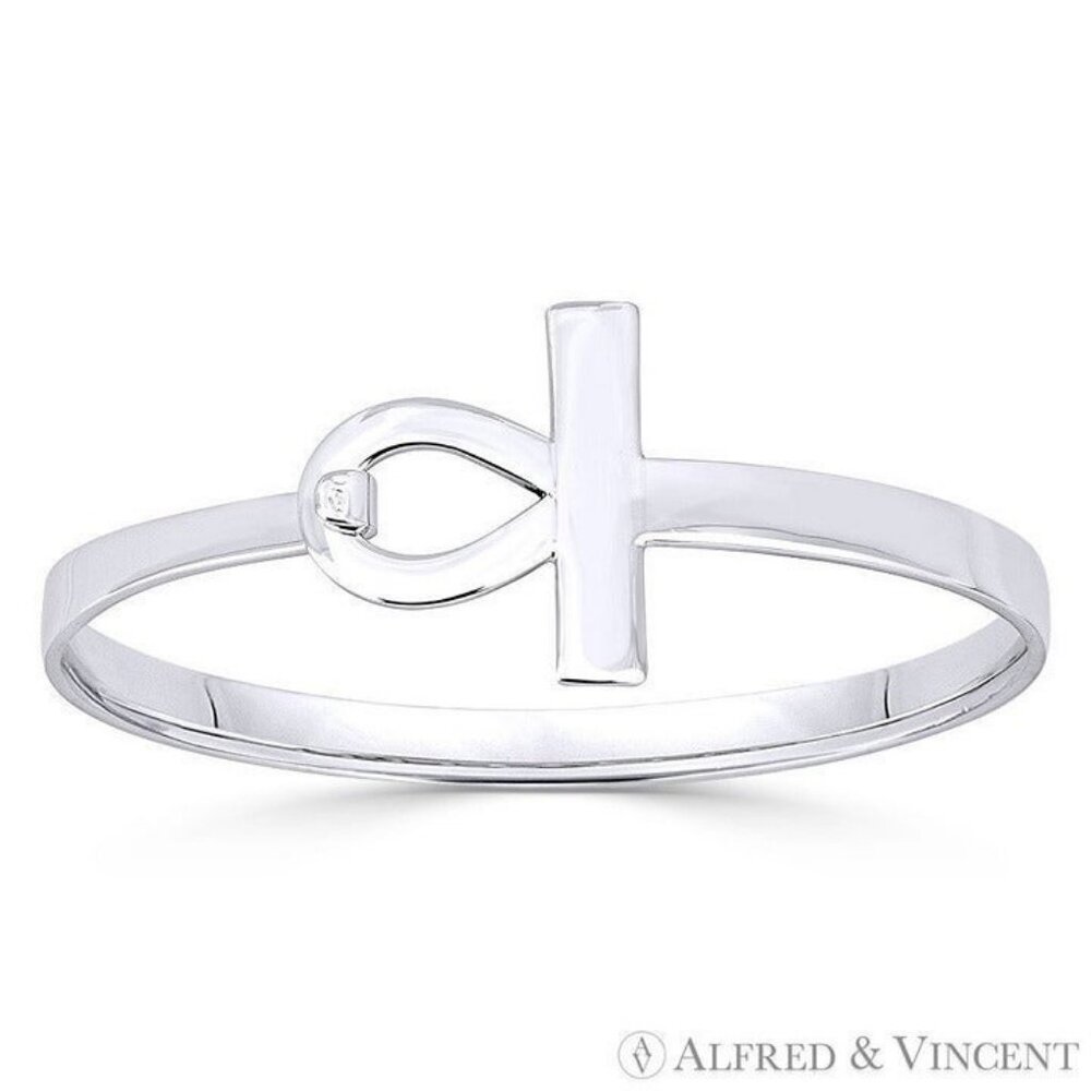 Egyptian Ankh Key-of-Life Charm Cuff Bangle Solid .925 Sterling Silver Bracelet